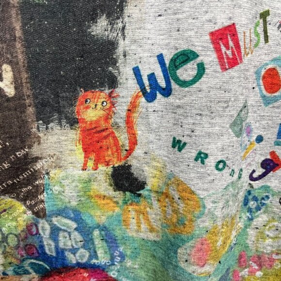 Inoah Top Womens Large Gray Knit Art to Wear Cat Lady Short Sleeve Graphic L - Picture 5 of 11